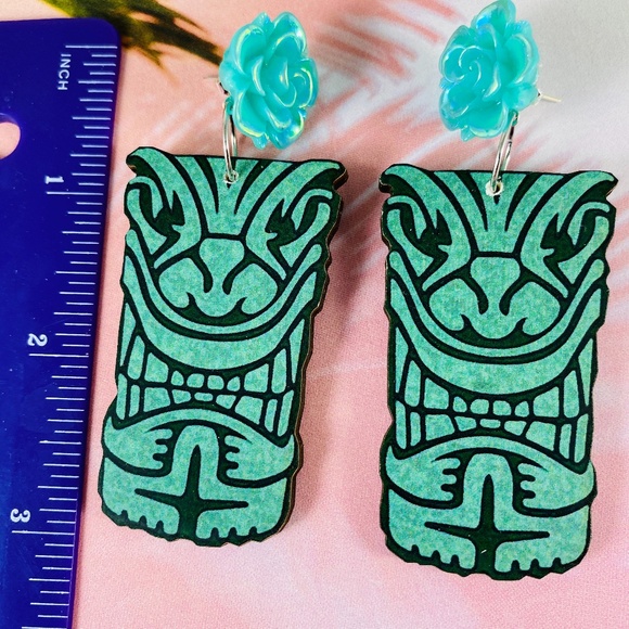 Aqua Retro Tiki Image Earrings Pinup Luau OOAK - Picture 3 of 3